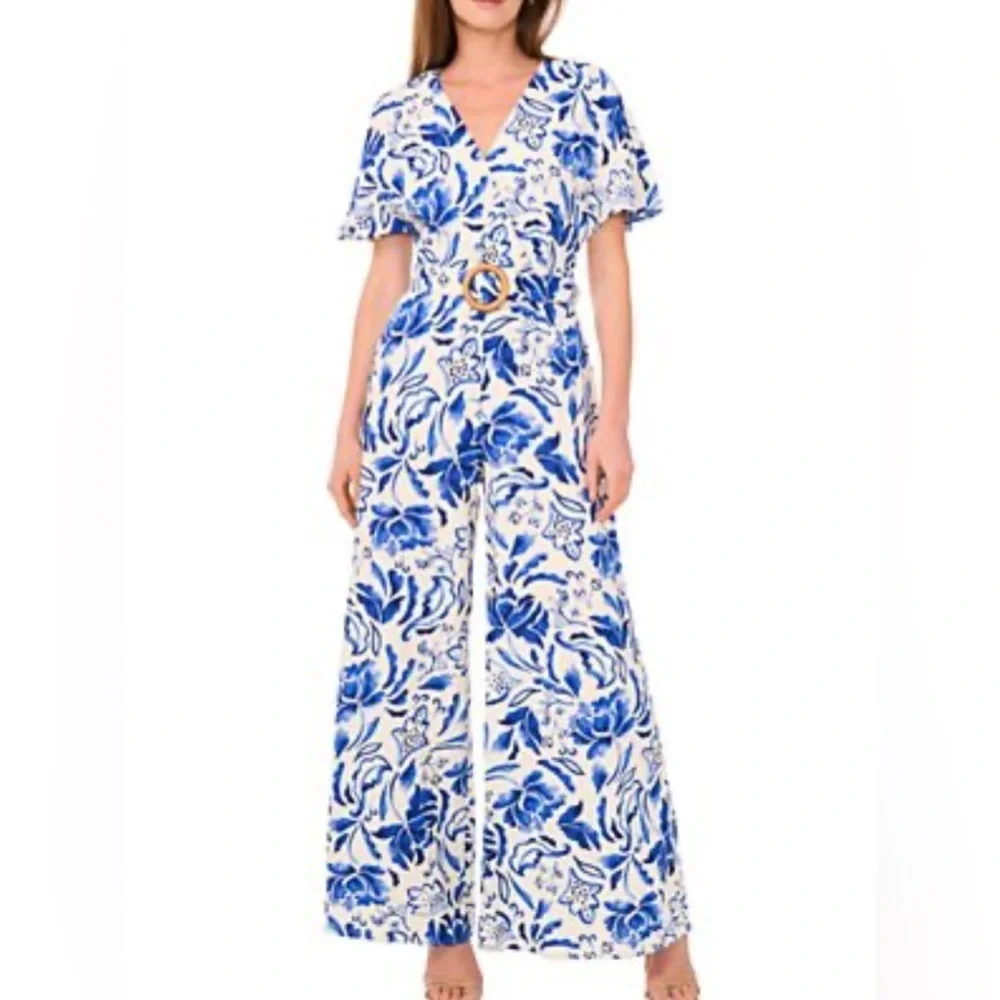 1.STATE Floral Blue and White Jumpsuit - Picture 1 of 9